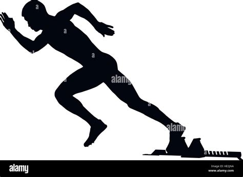 Start Sprint Athlete Runner In Starting Blocks Black Silhouette Vector