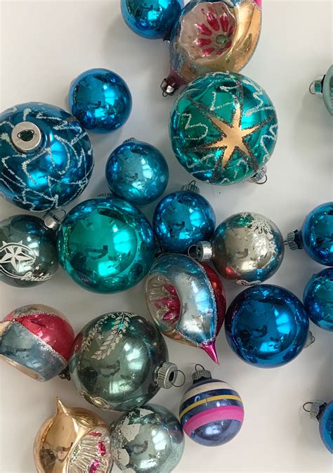 Vintage Blue Glass Ornaments Mixed Lot Of 24 Blue Aqua Turquoise Silver Tone Christmas Tree