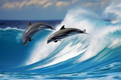 Premium AI Image Playful Dolphins Jumping Over Breaking Waves Hawaii