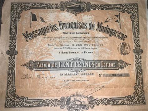 Messageries Francaises De Madagascar Action De Francs Au Porteur