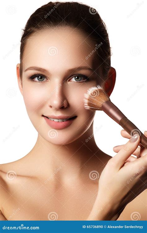 Beauty Model With Makeup Brush Bright Make Up For Brunette Woman With