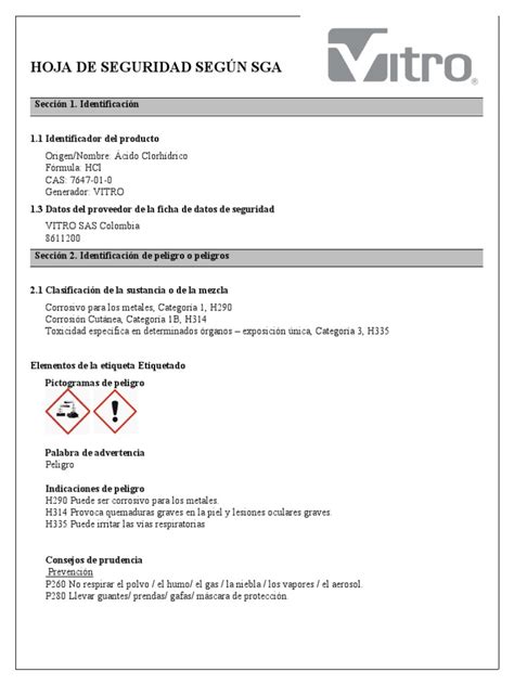 Hoja De Seguridad Acido Clorhídrico Pdf Ácido Clorhídrico Química