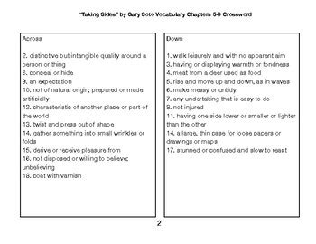 Taking Sides By Gary Soto Vocabulary Chapters Crossword Tpt