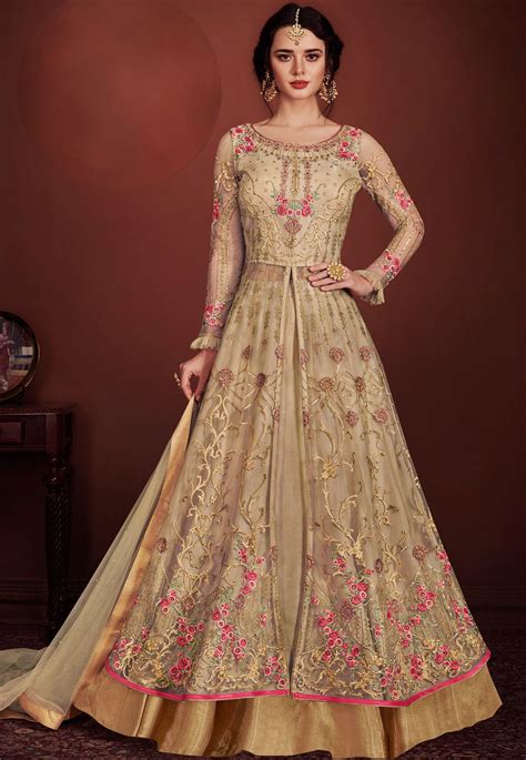 Beige Net Embroidered Floor Length Lehenga Style Anarkali Suit