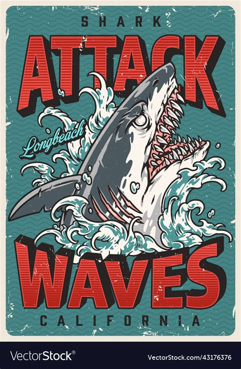 Shark attack vintage poster colorful Royalty Free Vector