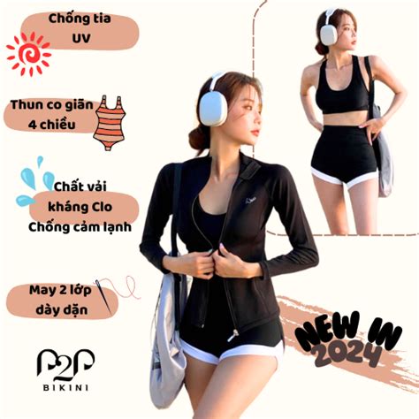 Đồ bơi Nữ 3 mảnh áo tay dài có khoá kéo áo bra quần short 2 lớp Đe P2P Bikini Thương