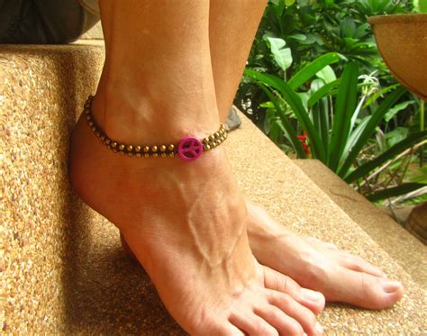 Brass Anklet Peace Sign Ban The Bomb Hippie Ankle Bracelet Etsy