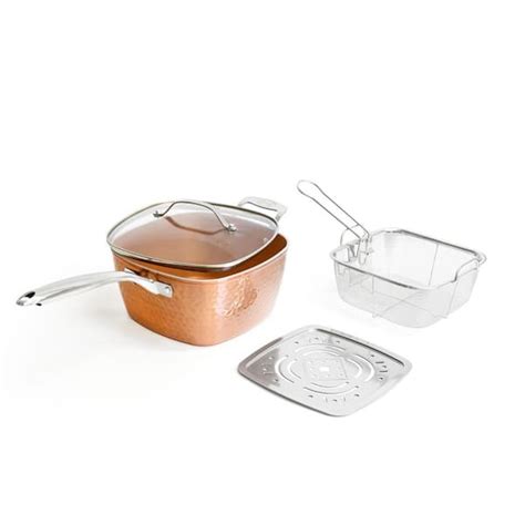 Gotham Steel Hammered Copper 9 5 In 4 Piece Aluminum Nonstick Deep Square Frying Pan With Lid