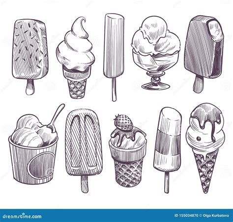 Sketch Ice Cream Different Bowls With Ice Cream Eskimo With Chocolate