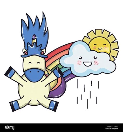 Cute Adorable Unicorn With Clouds Rainy And Rainbow Vector Illustration