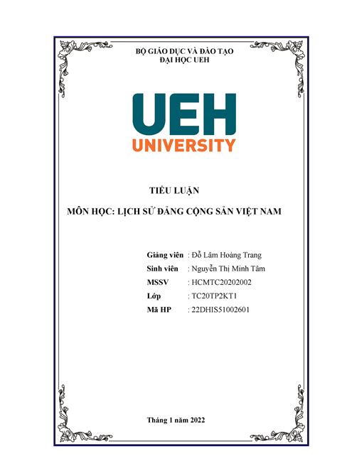 Tiểu luận môn Lịch Sử Đảng BỘ GIÁO DỤC VÀ ĐÀO TẠO ĐẠI HỌC UEH TIỂU