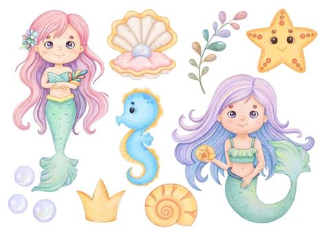 Premium Vector Cute Mermaids Watercolor Clipart