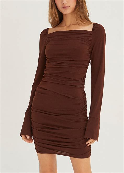 Crescent Slit Sleeve Choco Mini Dress Express Style Trial