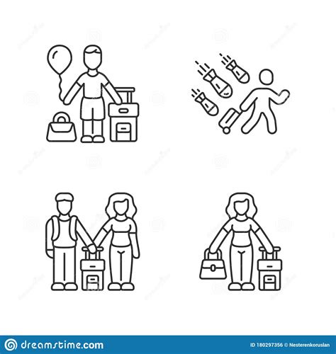 Refugees Linear Icons Set Couple Kid Travel Abroad With Suitcase