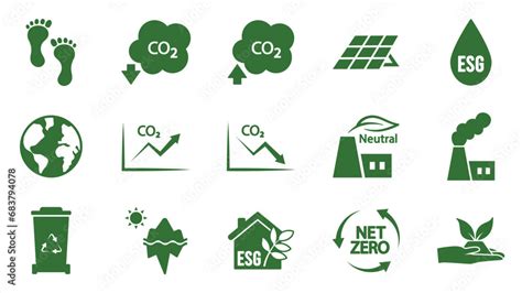 Icon Collection With Zero Emissions Esg Symbol Concept Greenhouse Gas