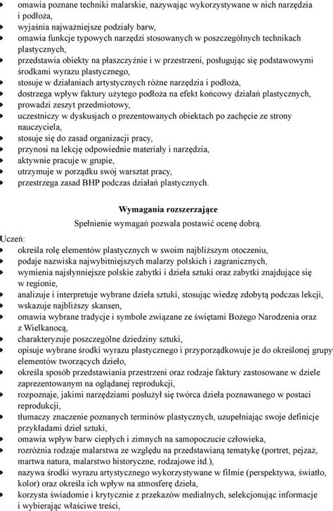 Wymagania Edukacyjne I Kryteria Ocen Z Plastyki W Klasie Iv Pdf