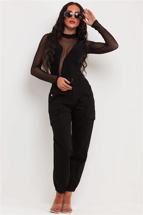 Mesh Panel Long Sleeve Bodysuit Black Going Out Top Uk