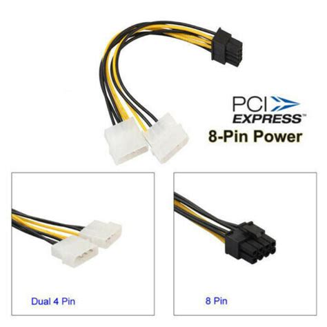 Dual Molex 4 Pin To 8 Pin PCI E Express Converter Adapter Power Cable