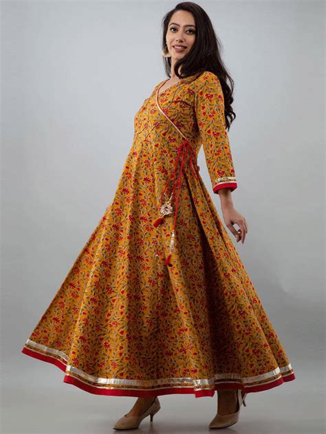 Kalini Women Mustard Yellow Red Ethnic Motifs Printed Angrakha Anarkali