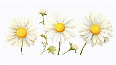 Premium Photo Set Of Three Watercolor Chamomile Flowers Petals Ai