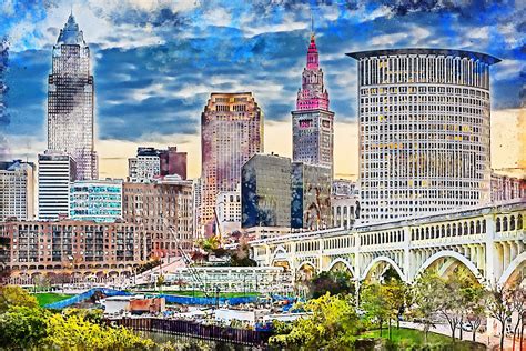 Cleveland Watercolor Skyline At Night Cleveland Canvas Etsy