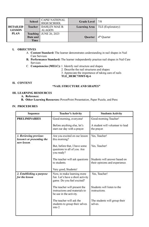 Lesson Plan Tle Study Material Bsed English Capsu Studocu Hot Sex Picture