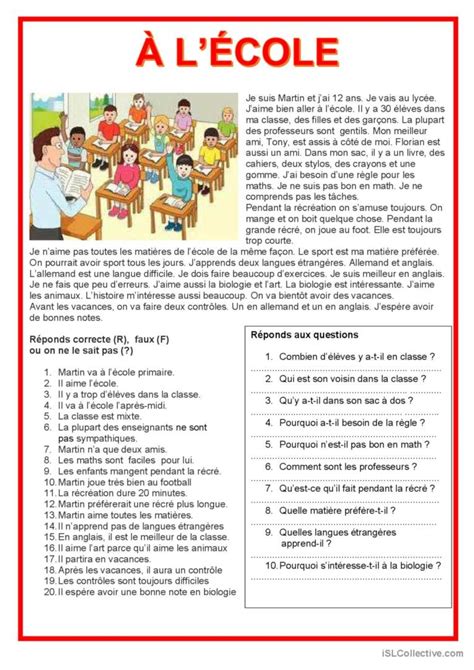 À l école compréhension générale de English ESL worksheets pdf doc