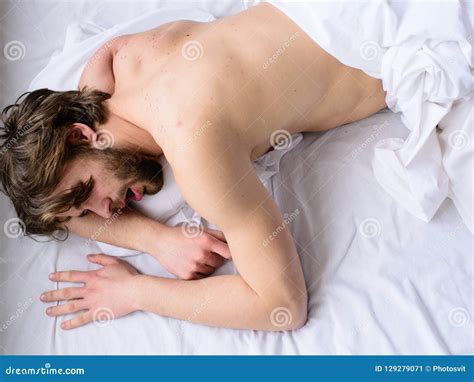 Man Unshaven Handsome Guy Naked Torso Sleep Nap On Bed Top View Man