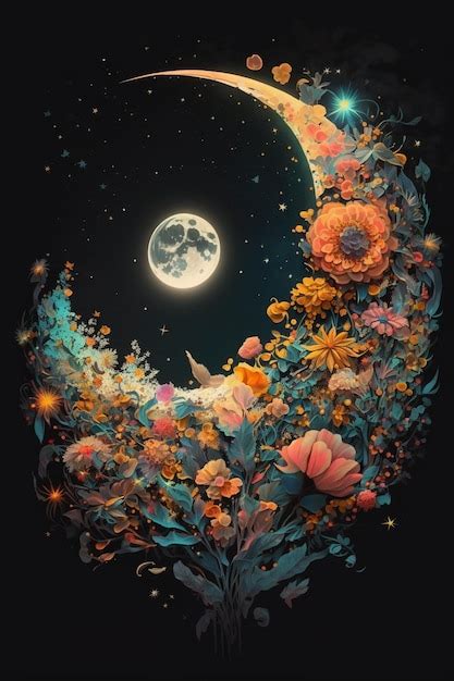 Una Pintura De Una Mujer Durmiendo En Una Luna Con Flores Al Fondo