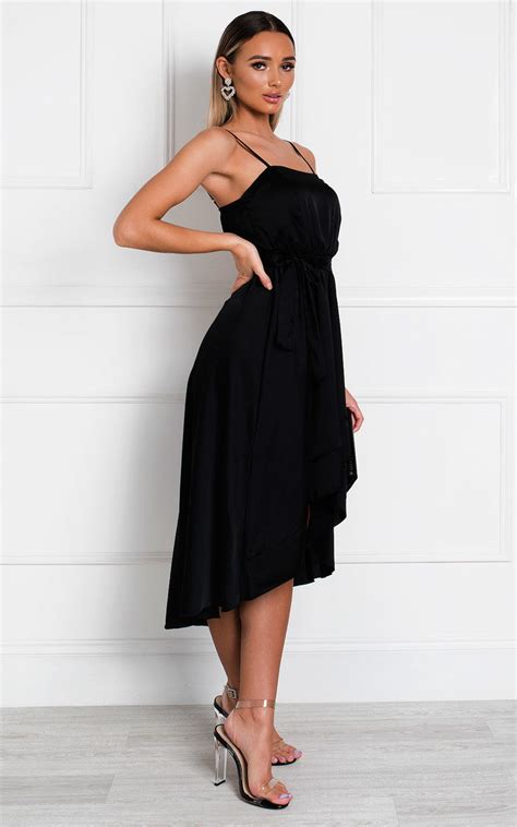 Harlow Satin Frill Midi Dress In Black Ikrush