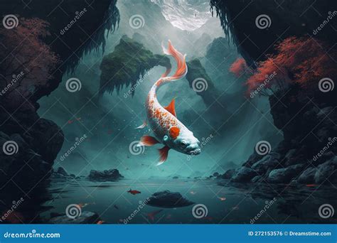 Solitary Chinese Koi Swimming In Mystic Underwater Landscape In Deep