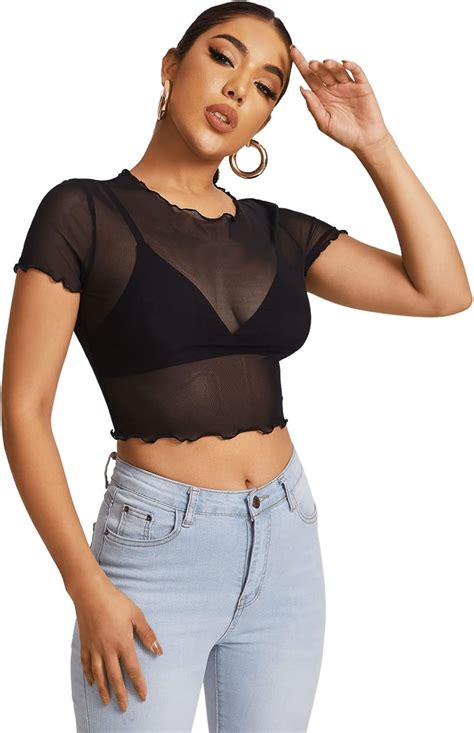 SheIn Damen Crop Top Durchsichtig Mesh Bauchfrei Oberteil Rundhals Tops