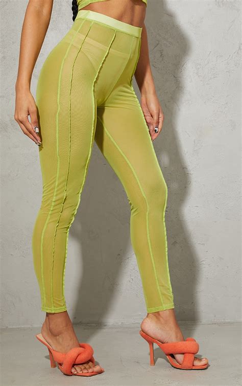 Lime Green Sheer Mesh Overlock Detail Leggings Prettylittlething Usa