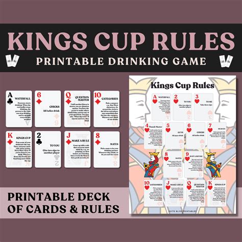 Kings Cup Rules & Playing Cards. Printable Drinking Games for Parties, Bachelorette Games ...