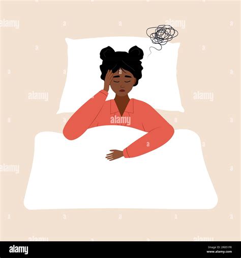 Insomnia Concept Tired African Woman Suffer From Headache Sleepless Girl Lying In Bed And