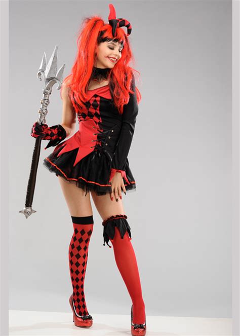 Ladies Halloween Red Gothic Evil Jester Costume