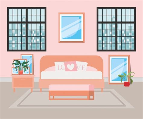 Vector Cartoon Interior Of Luxury Hotel Bedroom With Furniture Vector