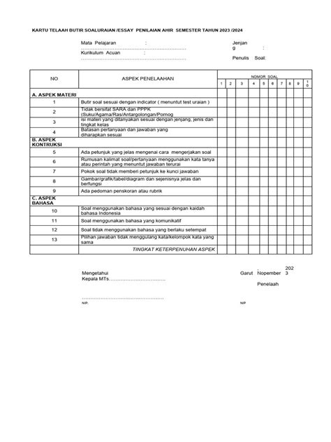 Validasi Kartu Telaah Butir Soal Uraian Pdf