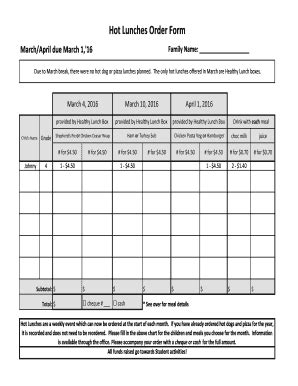 Fillable Online Bellevillechristianschool Hot Lunches Order Form