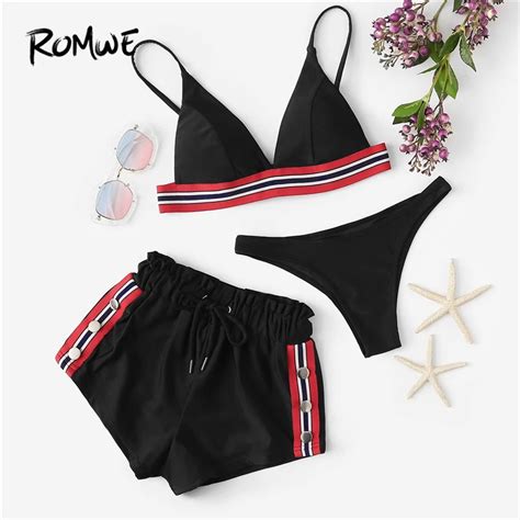 Romwe Sport Striped Bikini High Cut Swimming Briefs Loose Shorts Black