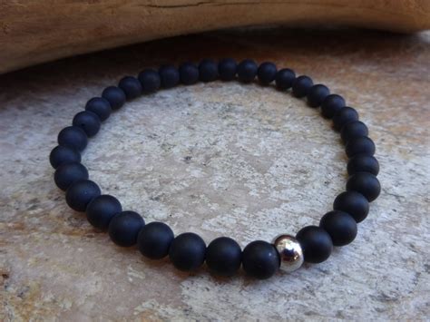 6mm Matte Black Onyx Gemstone Stretch Beaded Stacking Bracelet With Stainless Steel Silver Bead