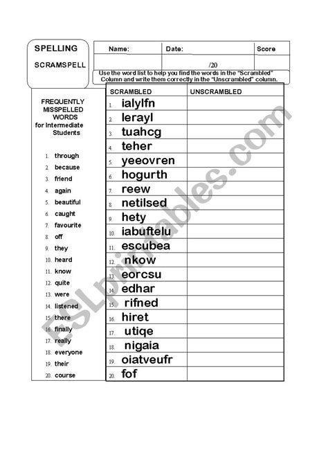 Commonly Misspelled Words Worksheet Worksheet Resource