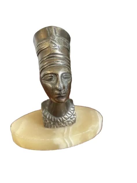 Vintage Bust Of Egyptian Queen Nefertiti On Marble Base Brass Inch