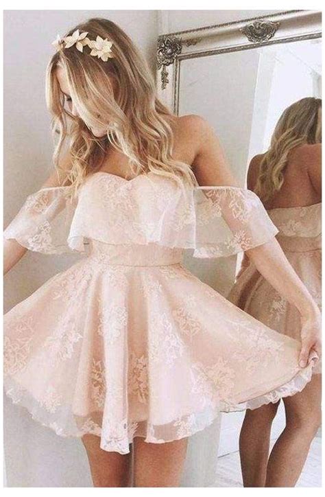 Chicloth A Line Lace Off Shoulder Short Prom Dresses Pearl Pink