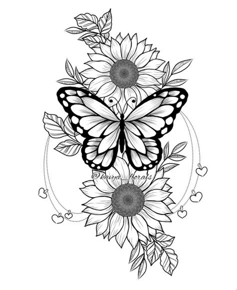 Butterfly And Sunflowers Tattoo Design