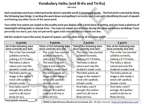 Haiku Vocabulary Workshop rubric | Vocabulary workshop, Vocabulary, Rubrics