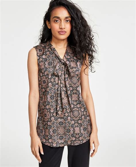 Tahari Asl Womens Printed Tie Neck Sleeveless Top Macys