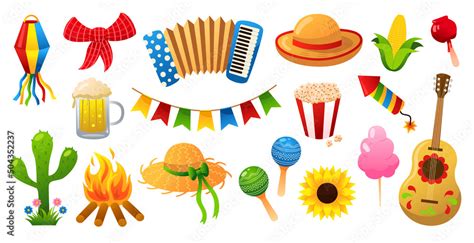 Festa Junina Set Of Traditional Celebration Symbols Vector Cute