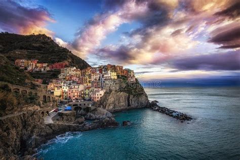 Manarola during sunset stock photo. Image of liguria - 102248862