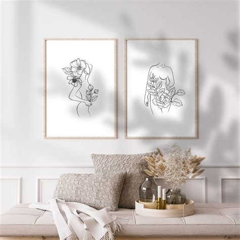 Minimal Flower Naked Woman Line Art Floral Line Art Feminine Woman Poster Set Minimalist